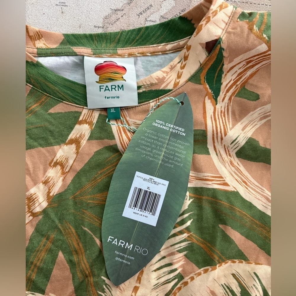 160$ Farm Rio Tropical Isla Padded Shoulders Midi Dress Size L Beige Green - Picture 6 of 12